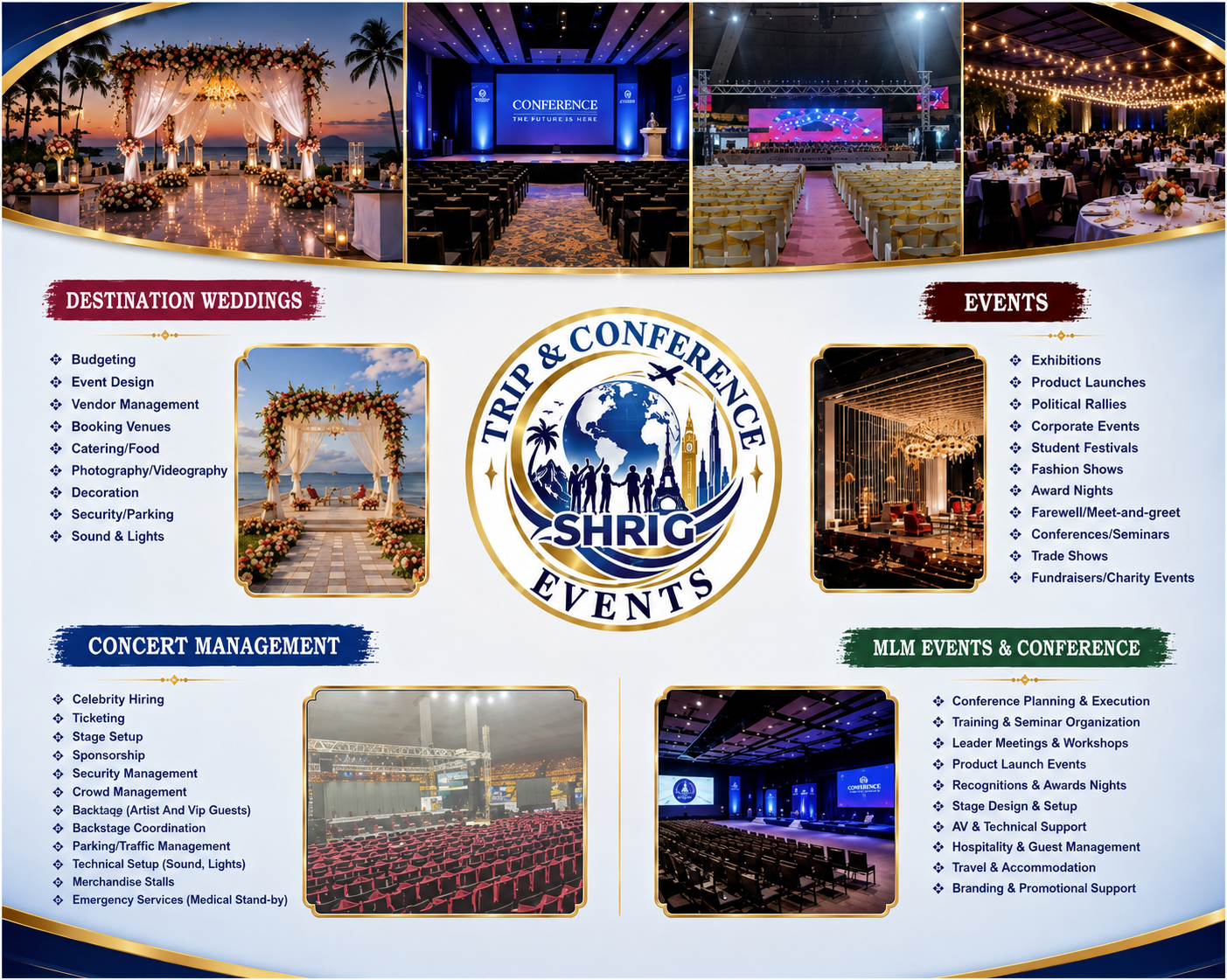 ShrigEvents services overview: destination weddings, events, concert management, and MLM events & conference