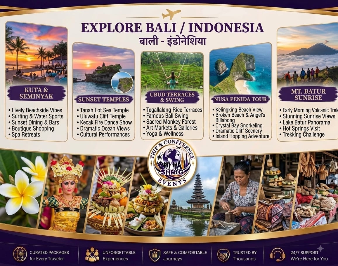 Explore Bali, Indonesia tour package — Kuta, sunset temples, Ubud terraces, Nusa Penida and Mount Batur