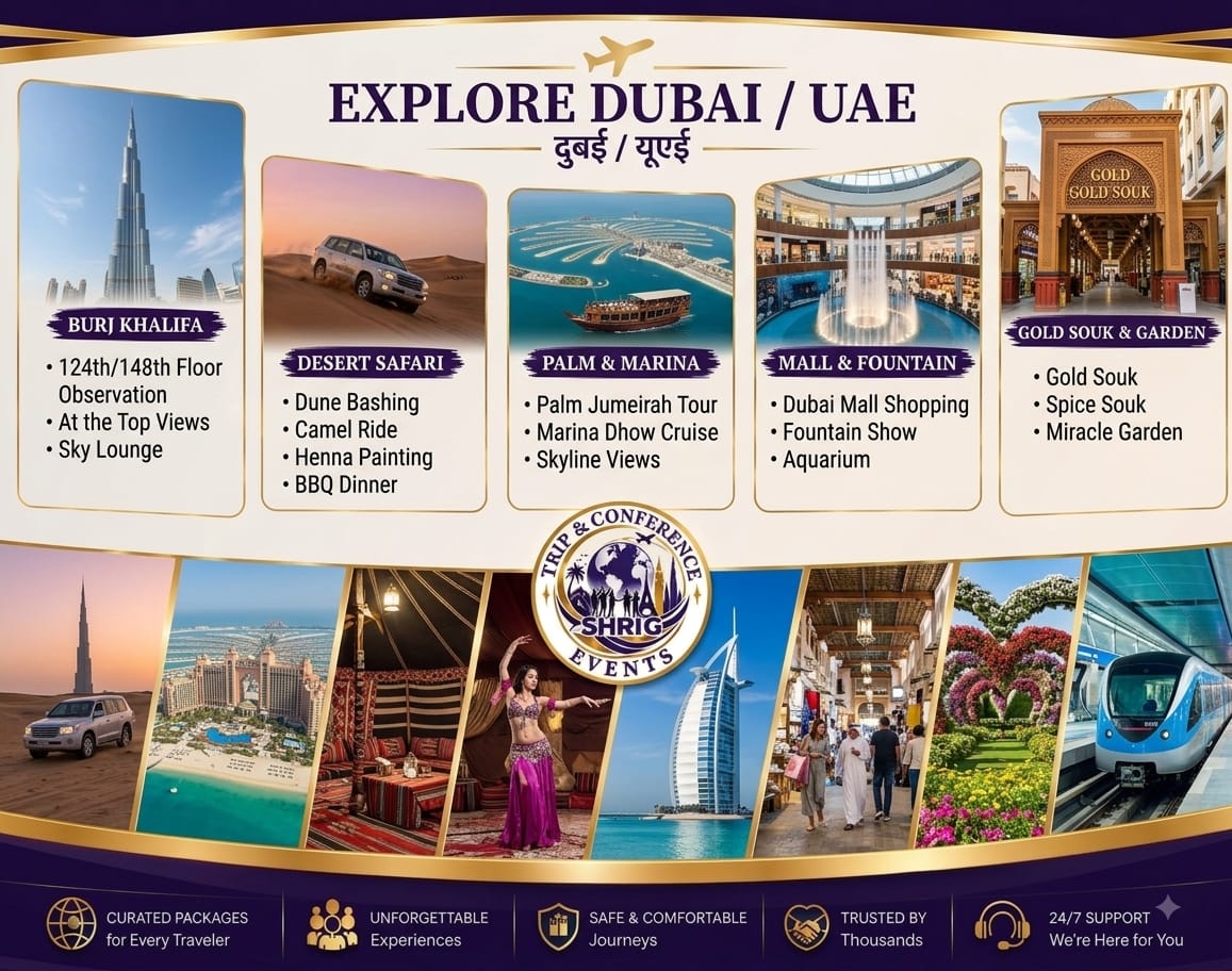 Explore Dubai, UAE tour package — Burj Khalifa, desert safari, Palm Jumeirah, Dubai Mall and the Gold Souk