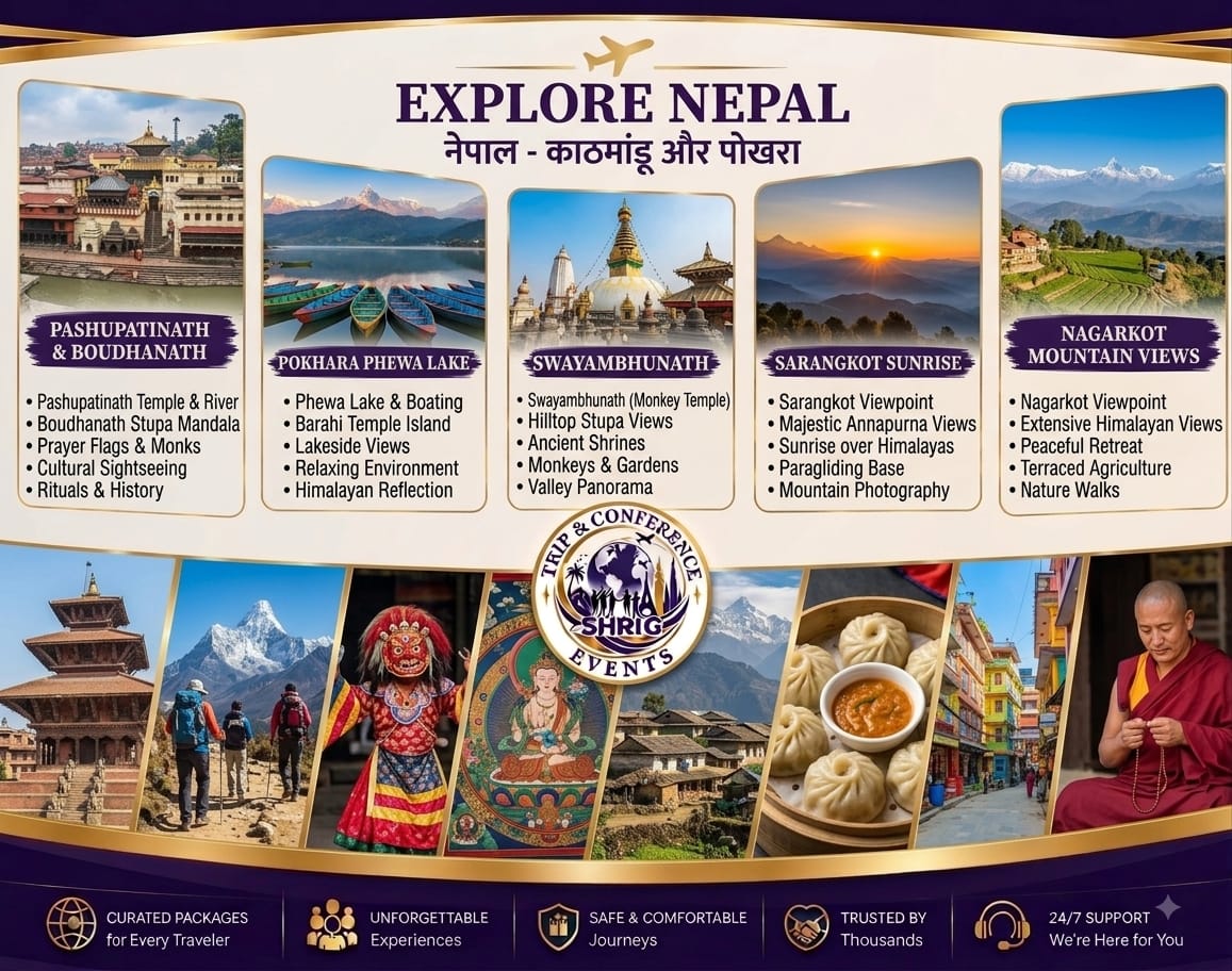 Explore Nepal tour package — Pashupatinath, Pokhara Phewa Lake, Swayambhunath, Sarangkot sunrise and Nagarkot