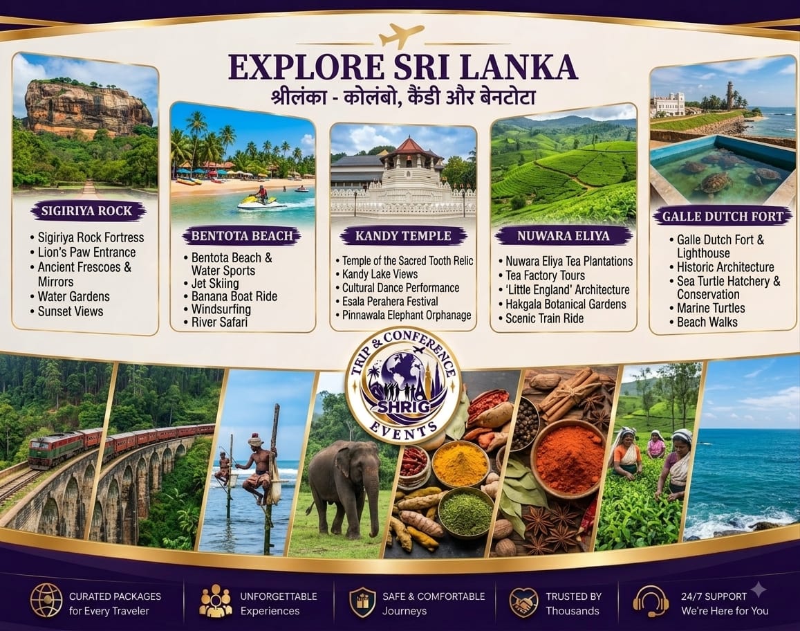Explore Sri Lanka tour package — Sigiriya Rock, Bentota Beach, Kandy Temple, Nuwara Eliya and Galle Dutch Fort